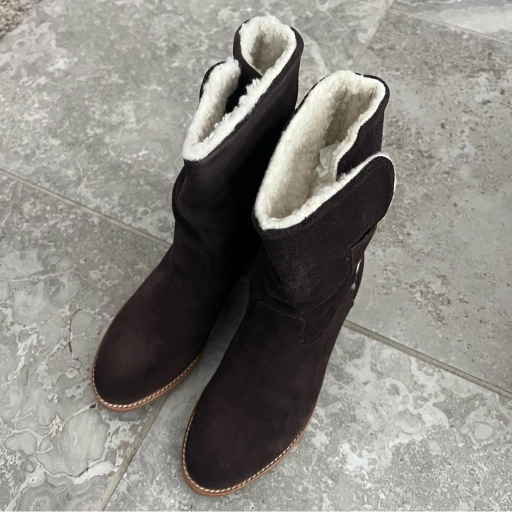 Jack Rogers Dark Chocolate Sherpa Faux Suede Booties, Size 7M New in Box $158