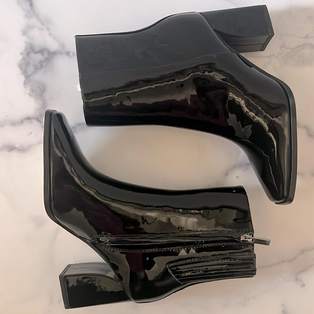 PAIGE Farah Square Toe Bootie in Black Patent Leather, Size 6.5 New in Box $420