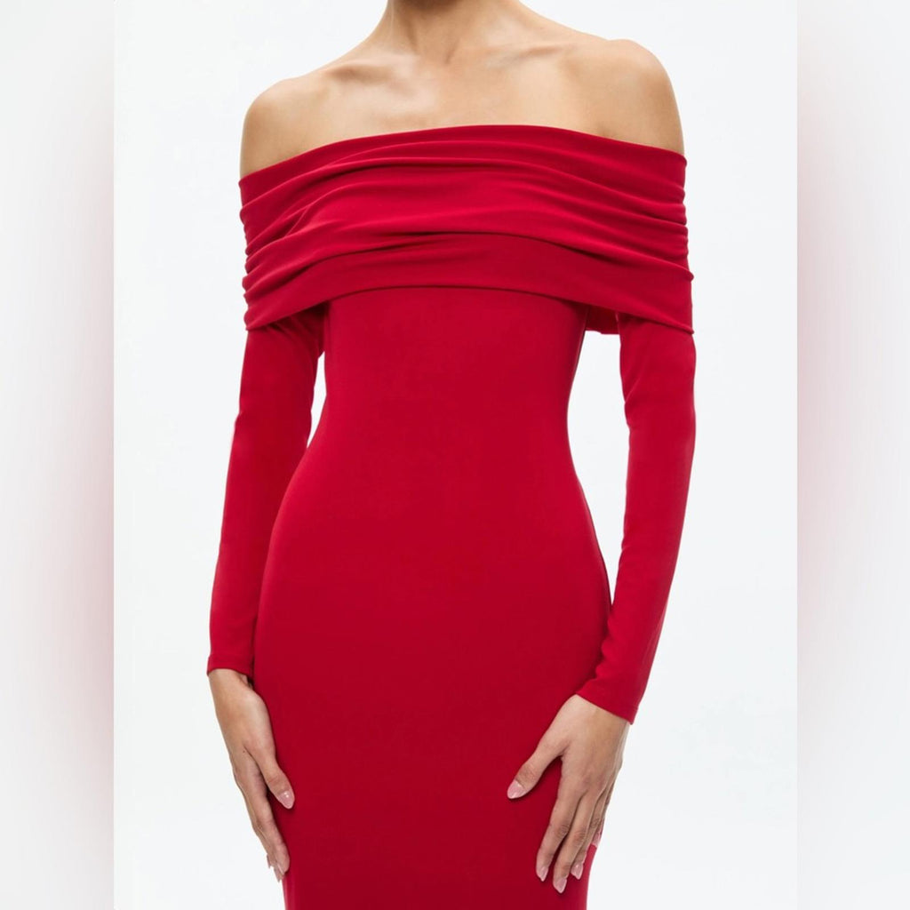 Alice+Olivia Coretta Off-the-Shoulder Long Sleeve Maxi Dress in Red, NWT, Size L