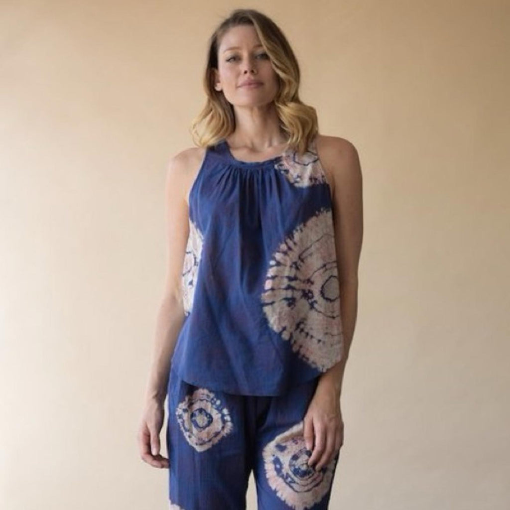 Raquel Allegra Voile Block Print Shirred Sleeveless Top, Blue/Red Size 0 $132.50