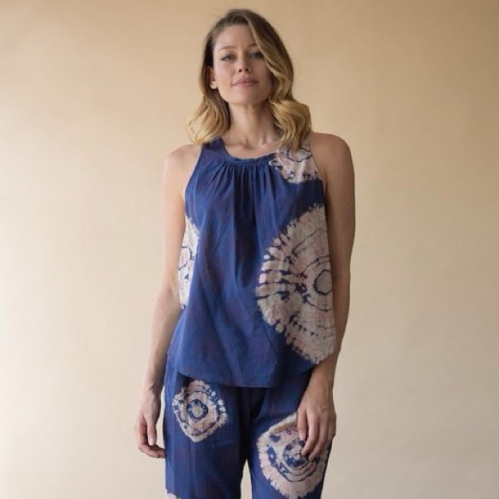Raquel Allegra Voile Block Print Shirred Sleeveless Top, Blue/Red Size 0 $132.50
