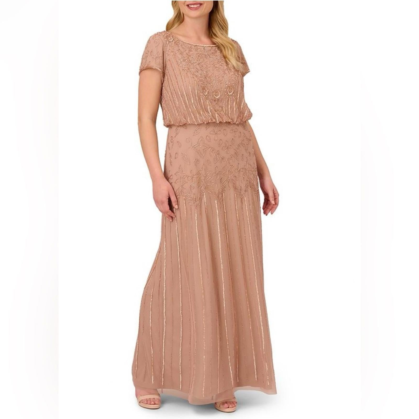 Adrianna Papell Short Sleeve Beaded Gown, Rose Gold Plus Size 20W New w/Tag