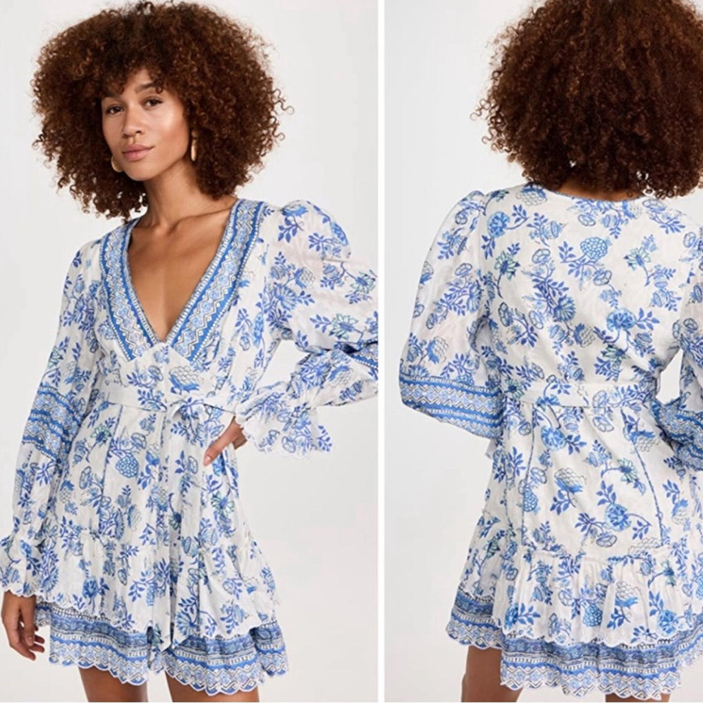 Hemant & Nandita Belted Mini Dress in Cobalt & White, NWT, Size XXL, Retail $405