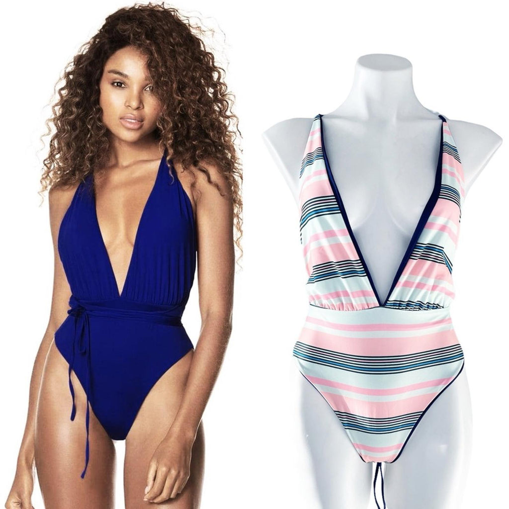 Maaji Safari Reversible Plunge One-Piece Swimsuit Stripe/Solid, Blue New w/Tag