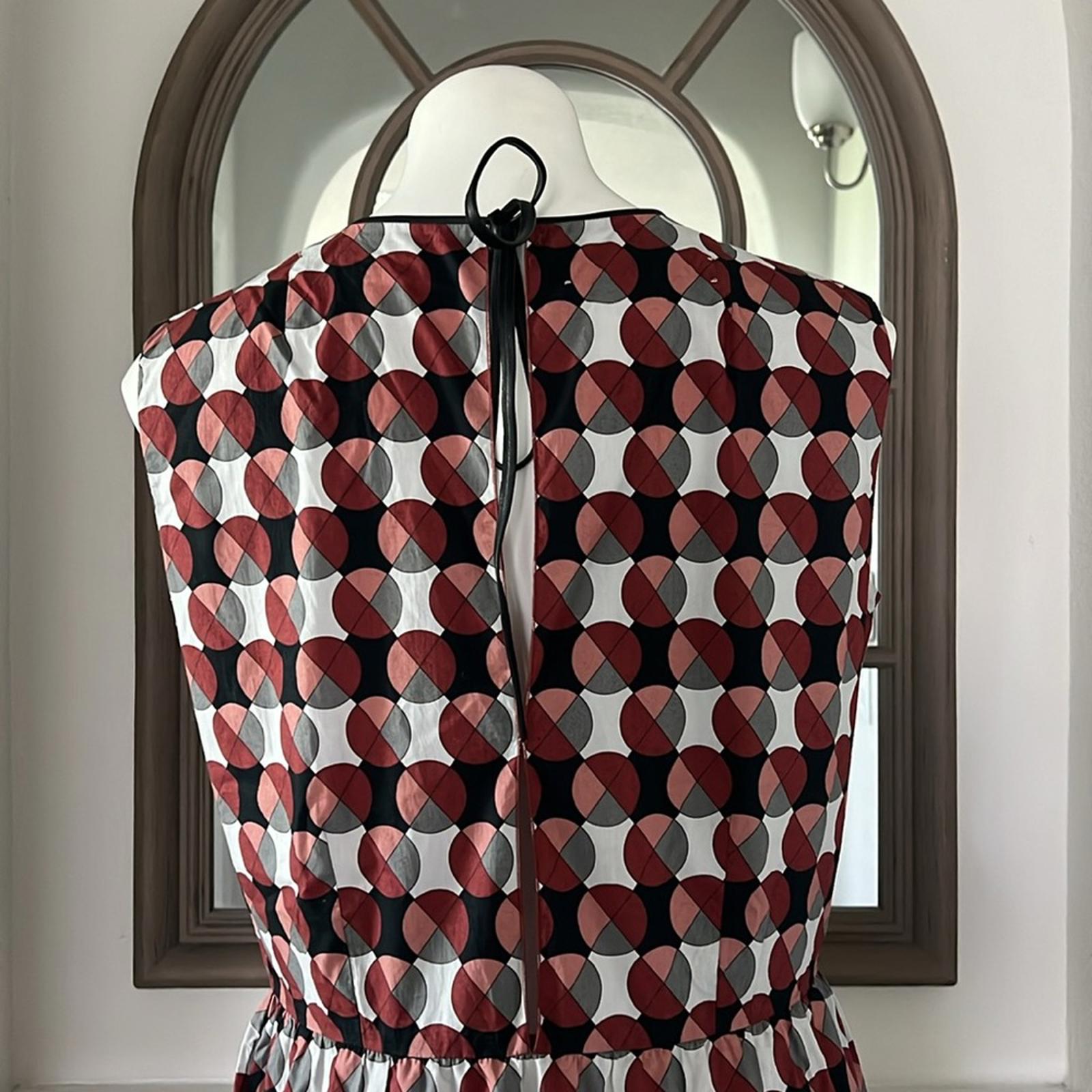 MARNI Geometric Print Tiered Dress w/Pockets & Leather Trim, Size 40 EXCELLENT!
