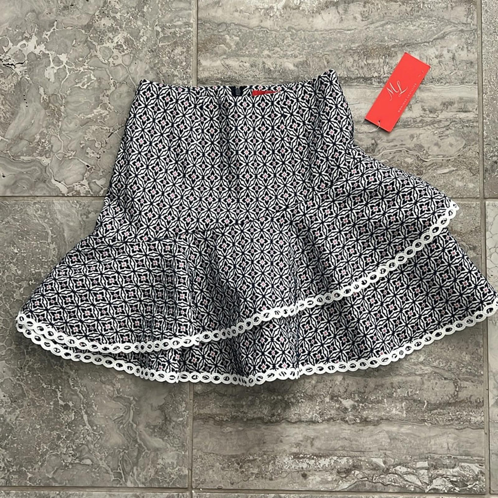 ML Monique Lhuillier Jacquard Ruffle Skirt, Navy Multi Size 0 New w/Tag $395