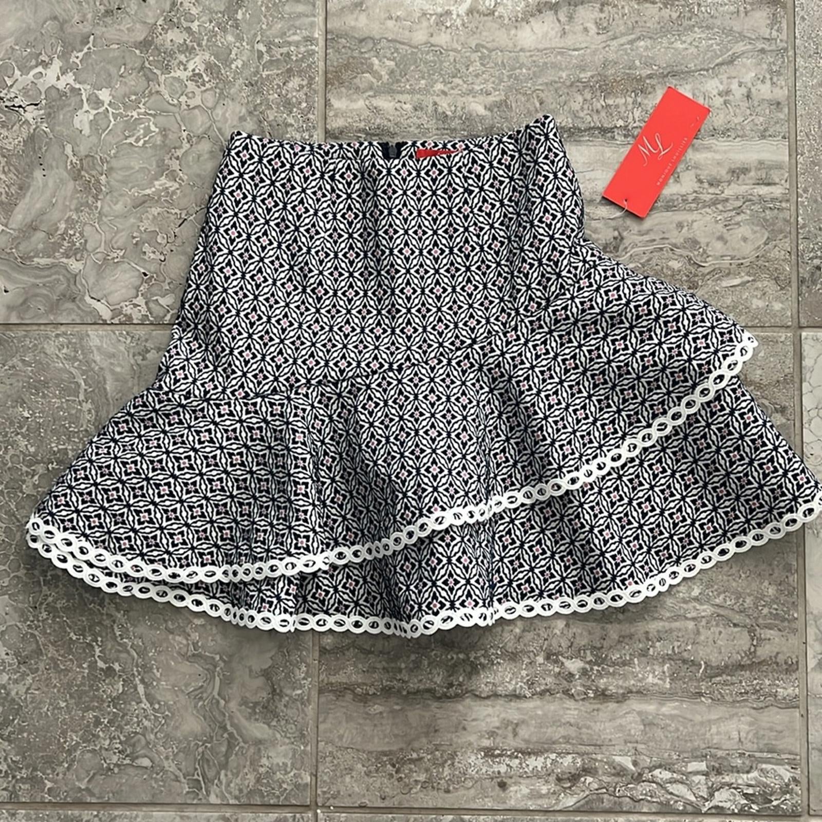 ML Monique Lhuillier Jacquard Ruffle Skirt, Navy Multi Size 0 New w/Tag $395