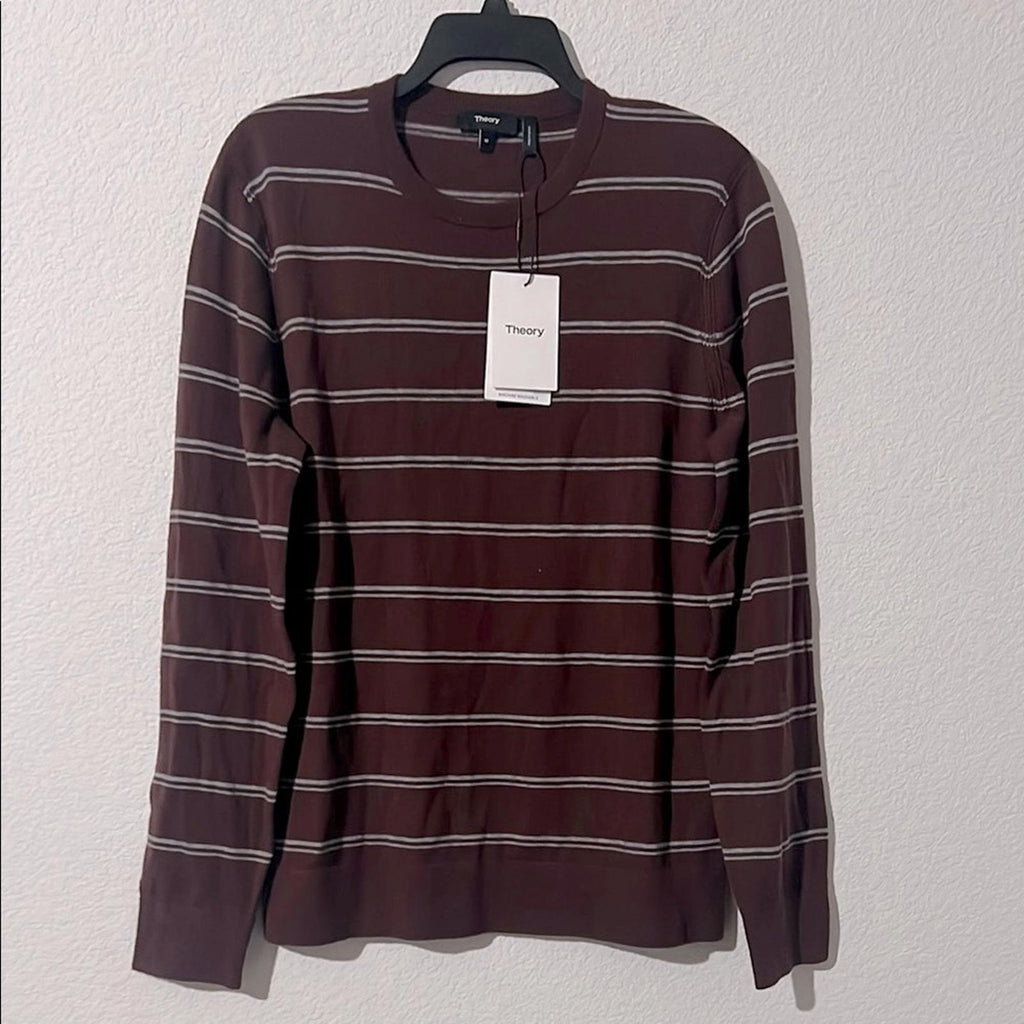 Theory Riland Harman Stripe Wool-Blend Sweater in Chianti/Grey Size M NWT $325