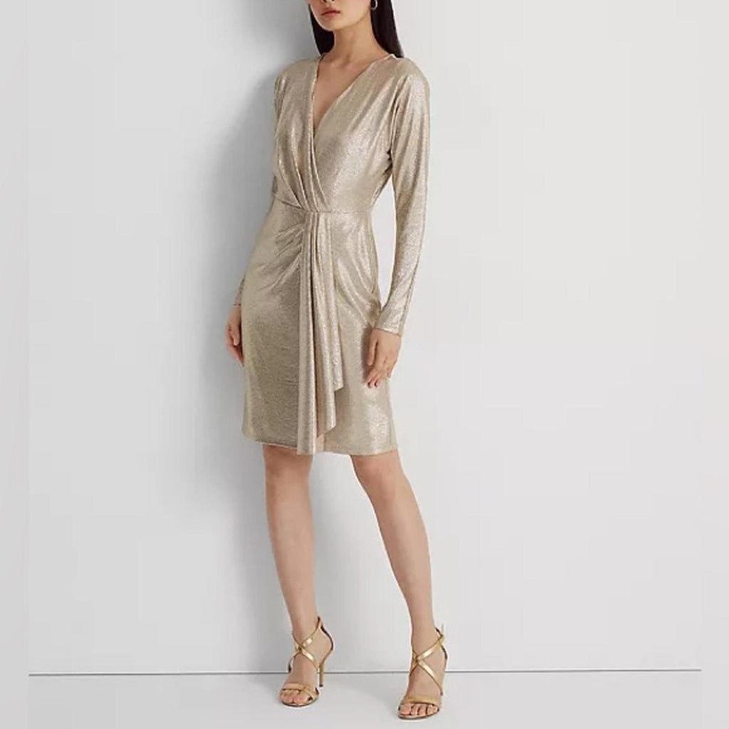 Lauren Ralph Lauren Metallic Stretch Knit Cocktail Dress in Tan/Gold, Size 8 NWT