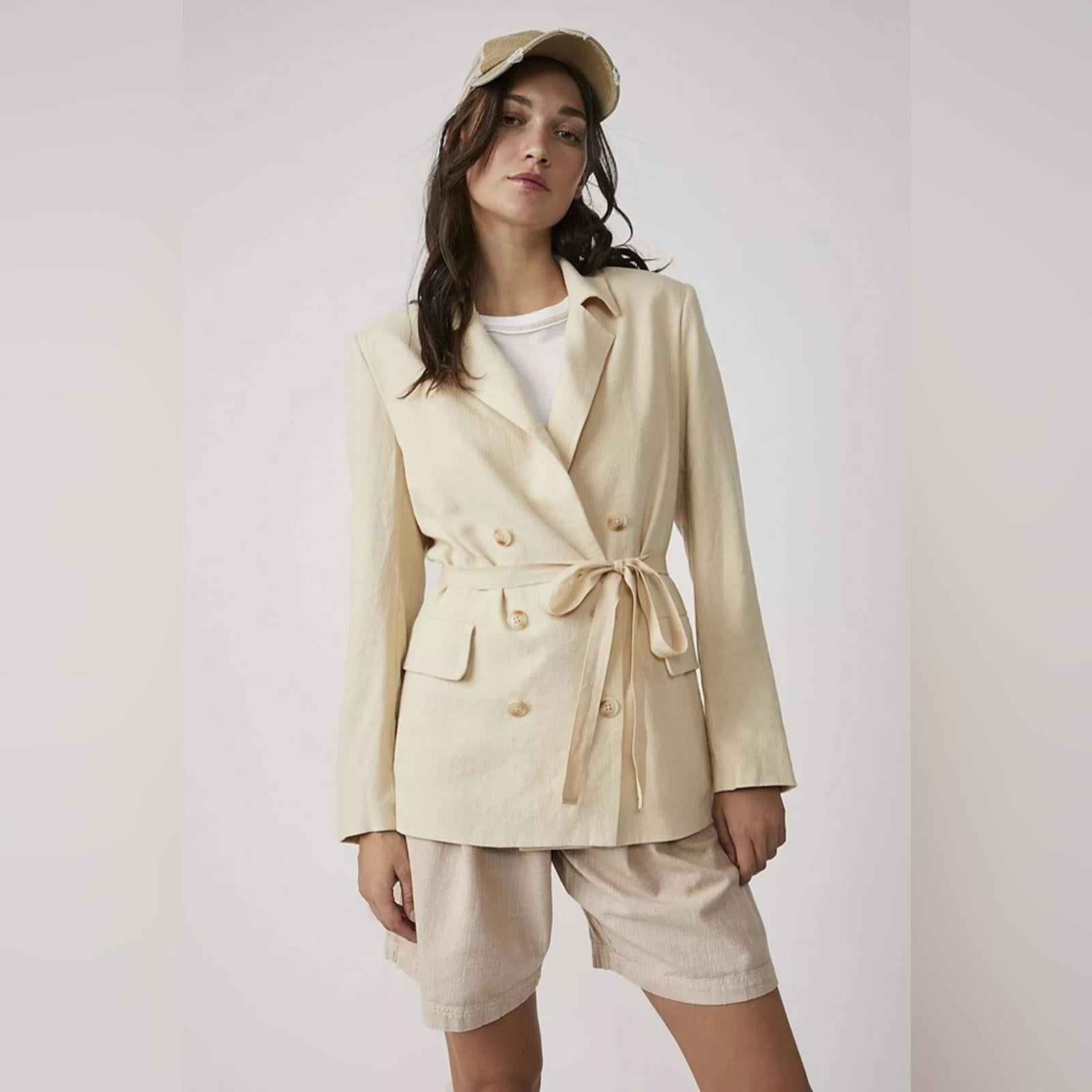 NEW Free People Olivia Linen Blend Blazer, Pebble Sand Size S, Retail $168