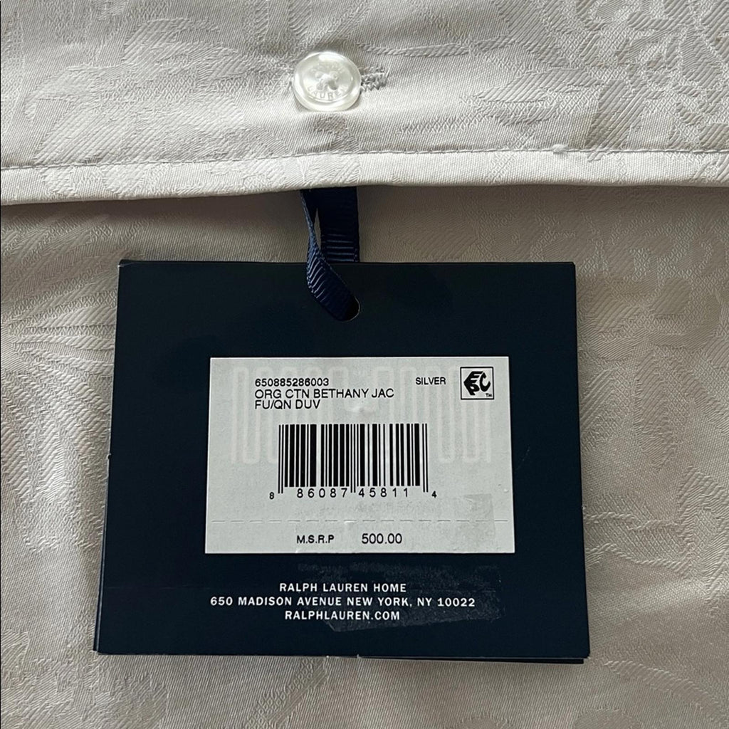 Ralph Lauren Home Organic Cotton Bethany Jacquard Silver Queen Duvet Cover, NWT