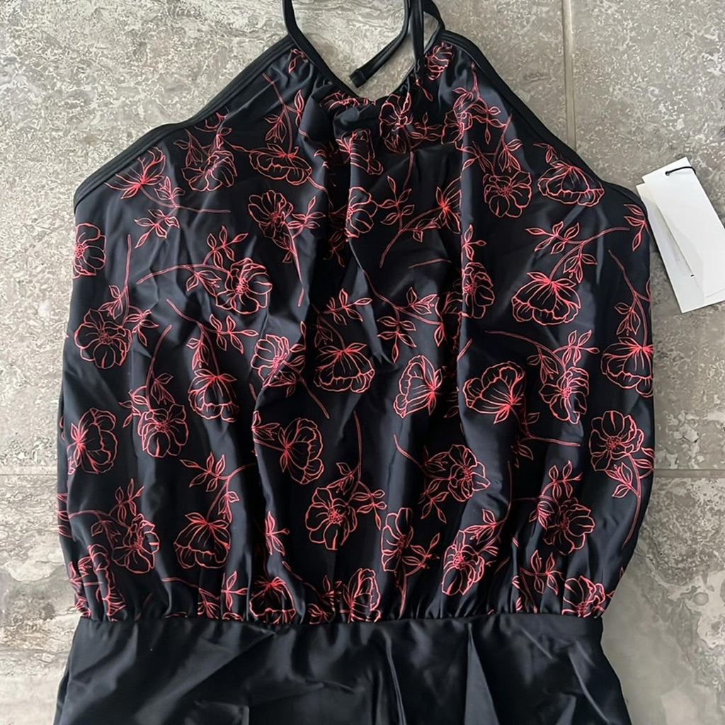 Calvin Klein High Neck Halter Blouson in Black/Red, Size 10 NEW w/Tag $118