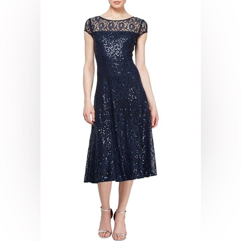SL Fashions Sequined Lace Midi Dress in Navy, NWT, Size 16