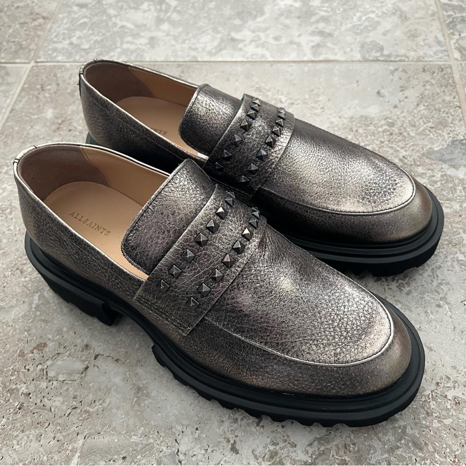 AllSaints Lola Studded Apron Toe Loafers, Pewter Size EU41 (Sold Out) New in Box