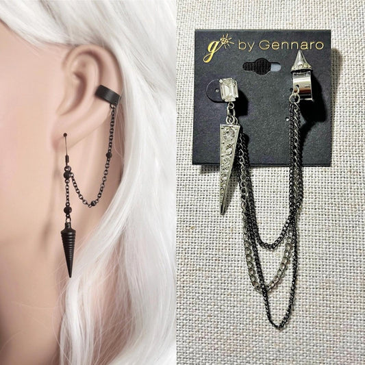 Gennaro Single Long Spike Chain Earring w/Non-Pierced Helix Cuff Earring, NWT