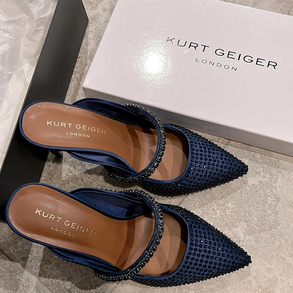 Kurt Geiger Blue Duke Drench 100 Crystal-Embellished Mules Heels Size 41 NEW