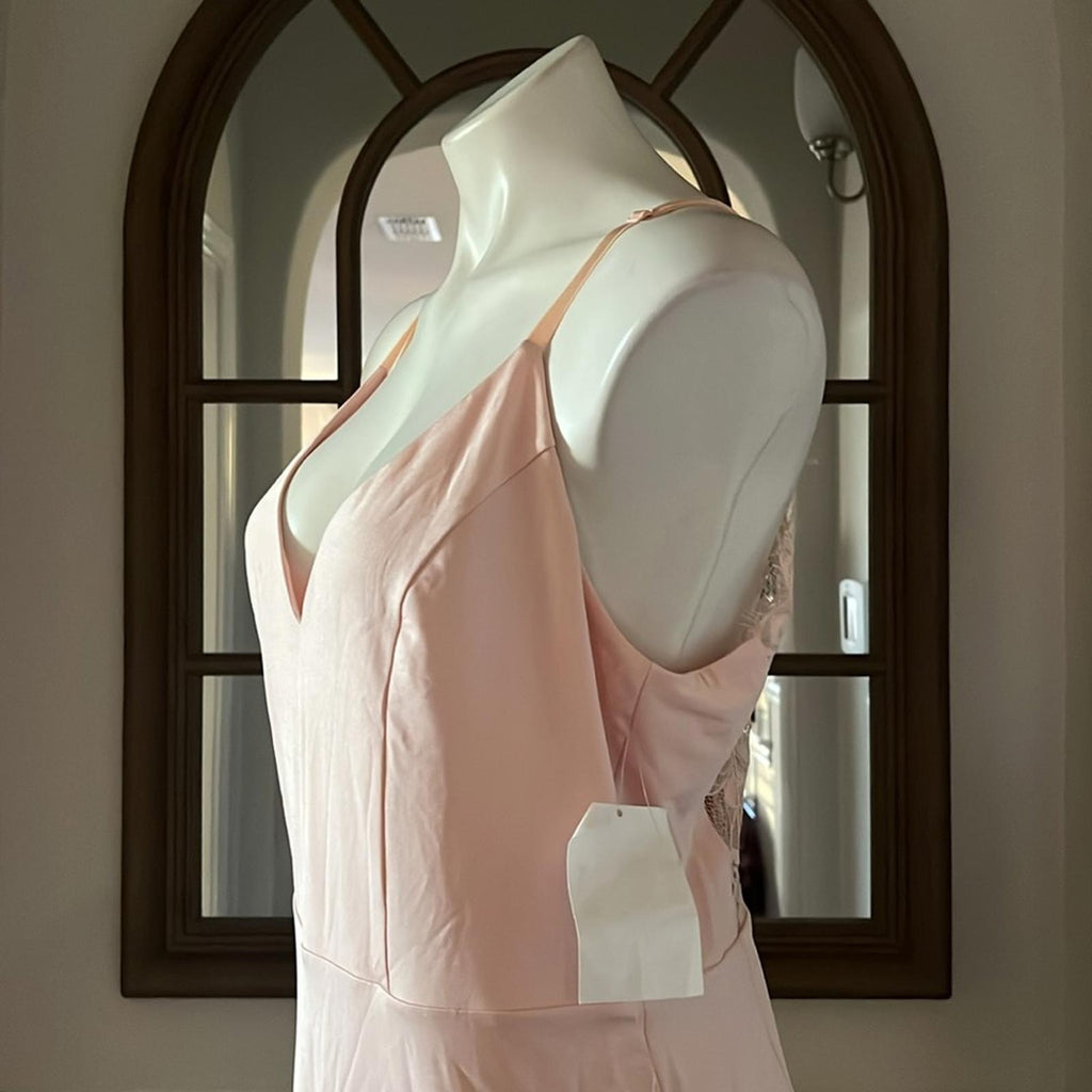 Bebe Lace Inset Sleeveless Eyelash Hem Bodycon Dress in Blush Pink, Size XL NWT