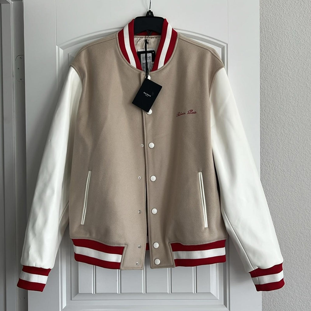 Balmain Embroidered Cursive Logo Letterman Jacket, Size IT 54 New w/Tag