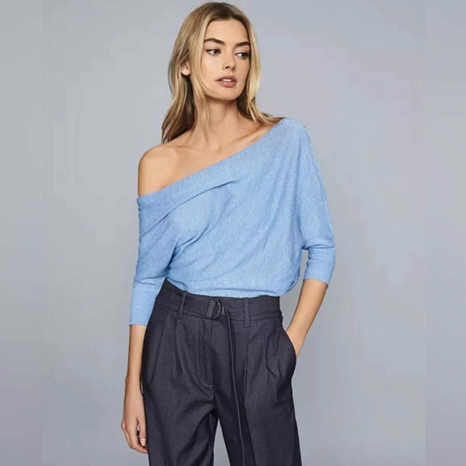 REISS Flo Draped One-Shoulder Top in Aqua Blue, Size S New w/Tag Retail $220