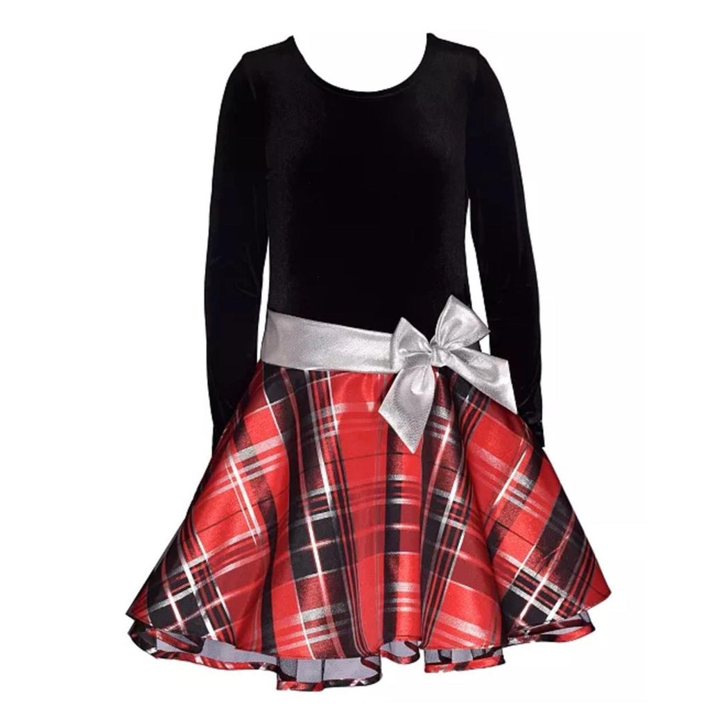 Bonnie Jean Long Sleeve Velvet Bodice w/Plaid Skirt Dress, Red Black 2/2T NEW