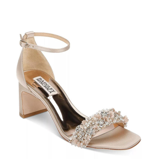 Badgley Mischka Teela Embellished Block Heel Sandals, Pearl Nude, Size 11 NWT