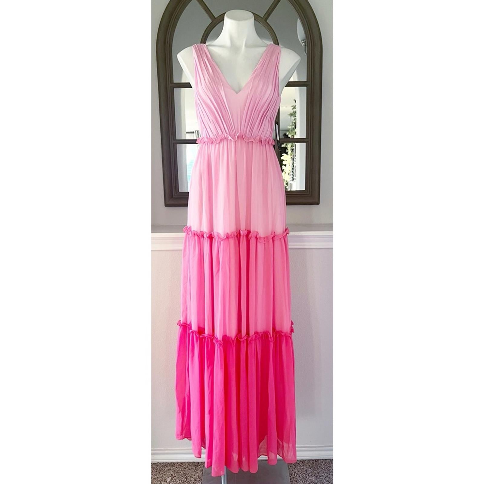 Aidan Mattox V-Neck Ciffon Color-Block Tiered Maxi Gown in Pink, Size 0 NWT $330