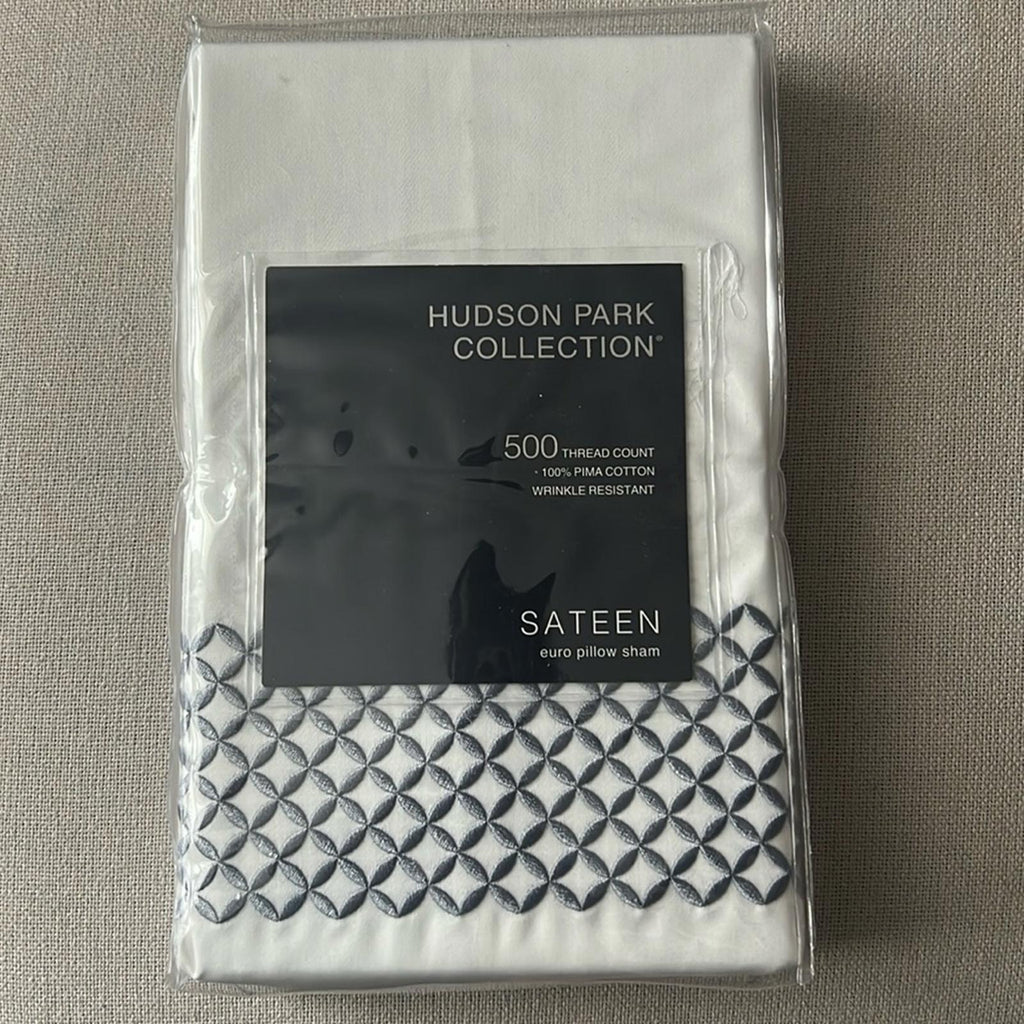 Hudson Park Collection Embroidered Geo Euro Sham in White/Blue, New w/Tag