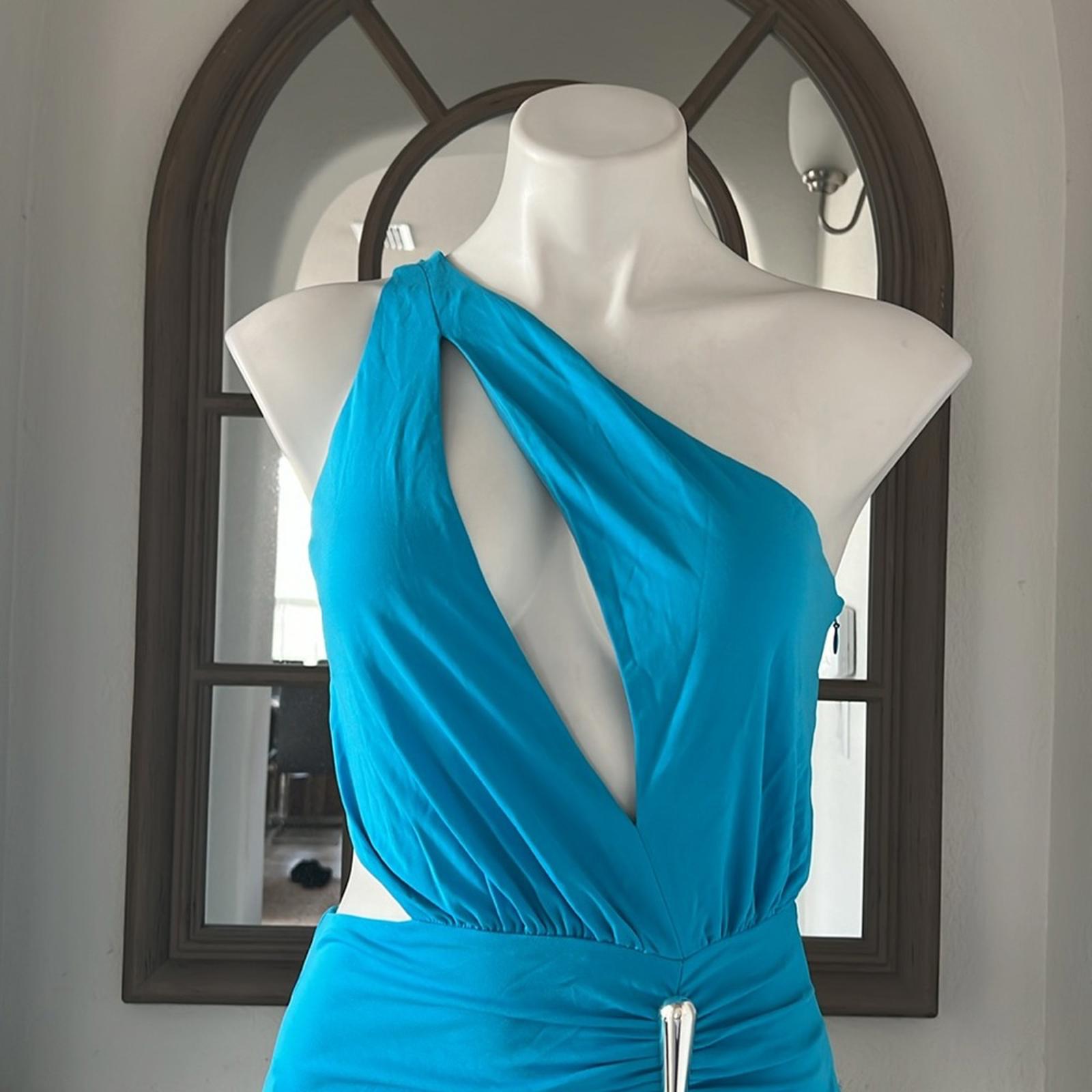 Halston Ivanna Gathered Asymmetric Cut-Out Gown, Aqua/Blue Size 4 New w/Tag
