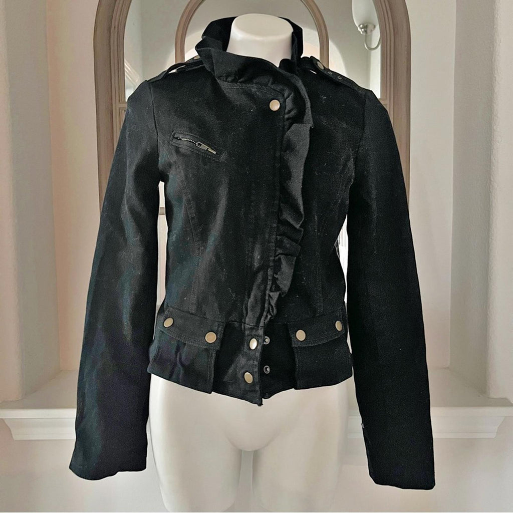 Anthropologie’s Sanctuary Ruffle Collar Denim Moto Jacket, Black Size S