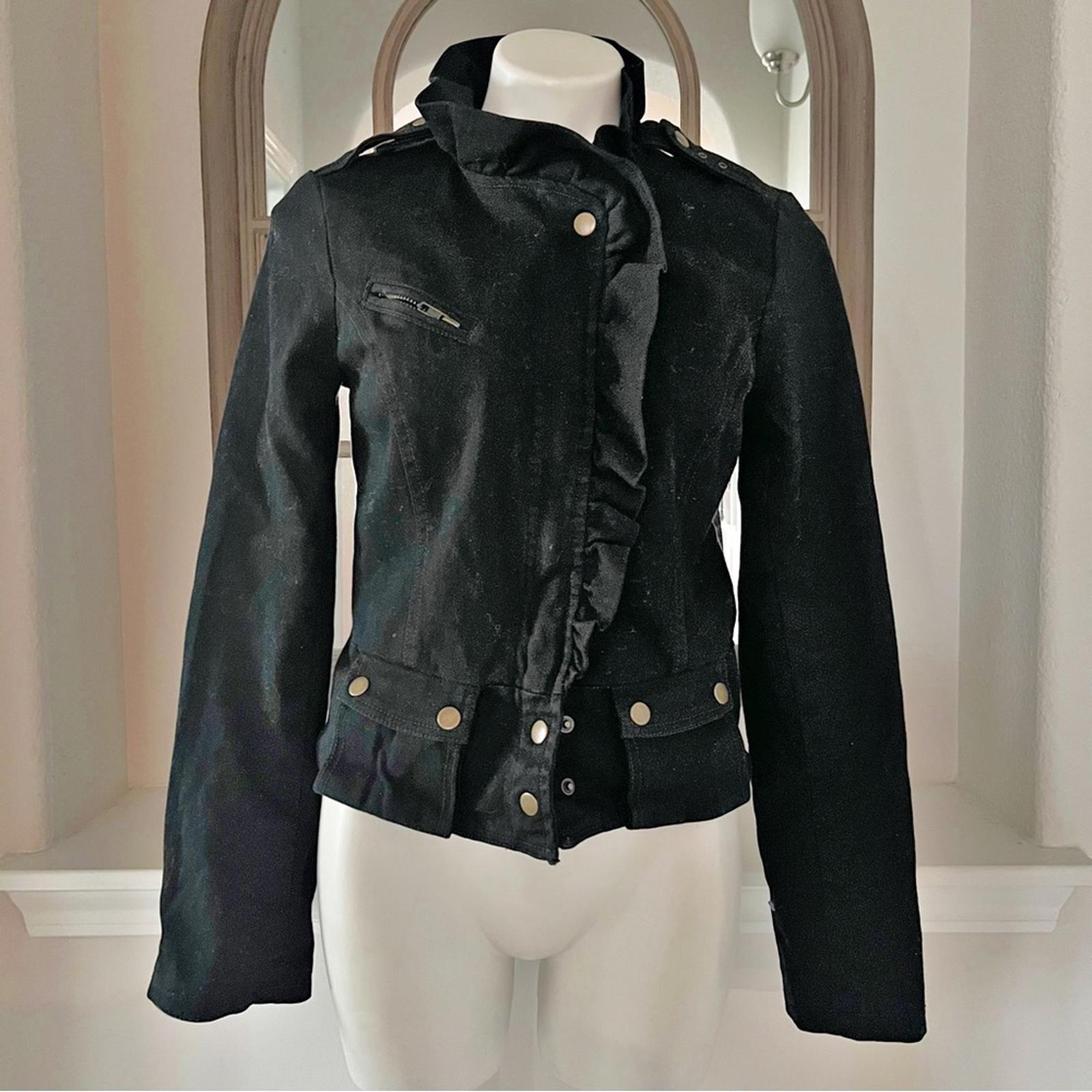 Anthropologie’s Sanctuary Ruffle Collar Denim Moto Jacket, Black Size S