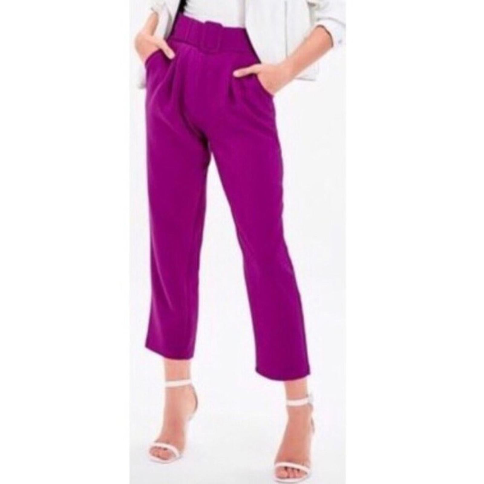 June & Hudson Belted Paper Bag High-Waisted Pants in Fuschia, Size L EXCELLENT