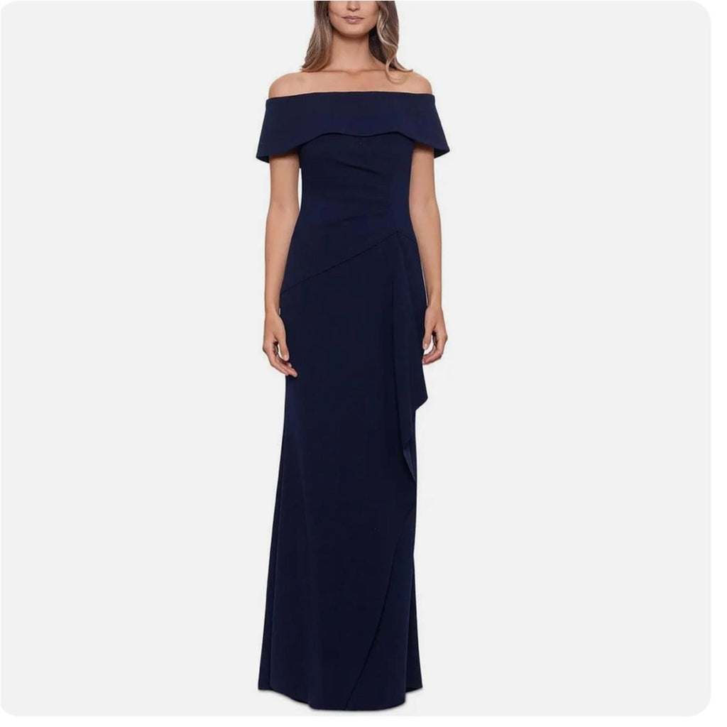 NEW Xscape Off-The-Shoulder Maxi Formal Evening Gown in Navy, Petite Size 12 NWT