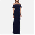 NEW Xscape Off-The-Shoulder Maxi Formal Evening Gown in Navy, Petite Size 12 NWT