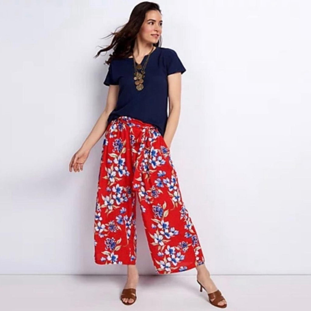Gibson Look Cropped Wide Leg Belted Pants in Red Print, Size XL New in Packaging