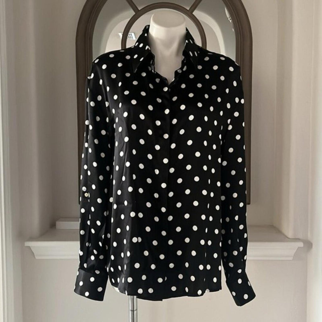 Sergio Hudson Polka Dot Silk Charmeuse Button-Up Blouse, Black/White XS NWT $795
