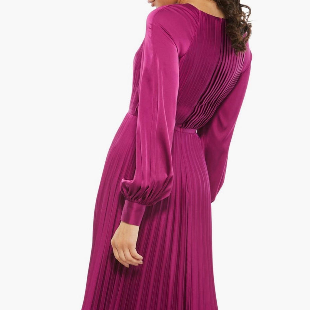 Mac Duggal IEENA Pleated Long Sleeve Satin Gown, Purple Size 8 New w/Tag $498