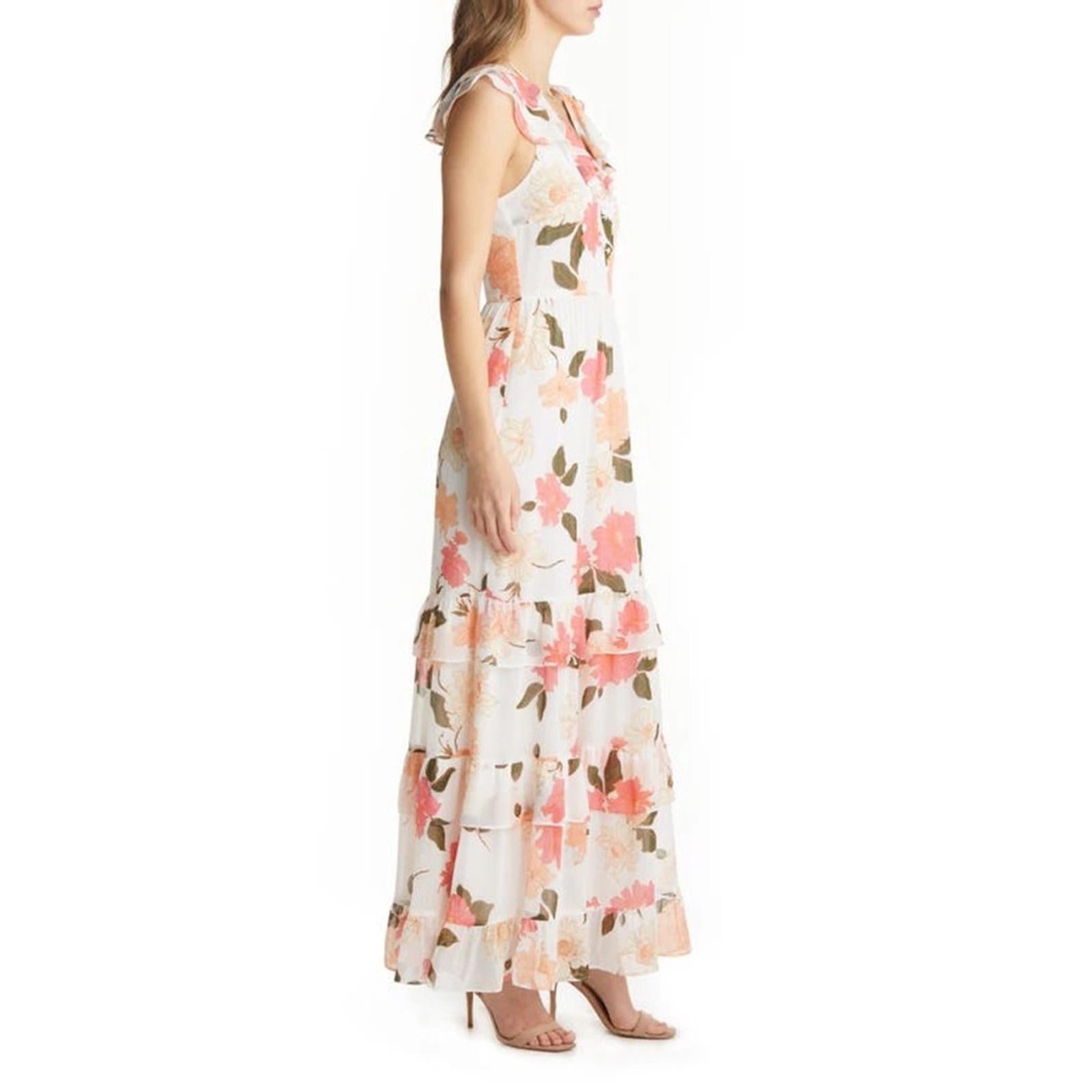 VICI Floral Print Tiered Chiffon Maxi Dress, Cream Peach, Size XS New w/Tag