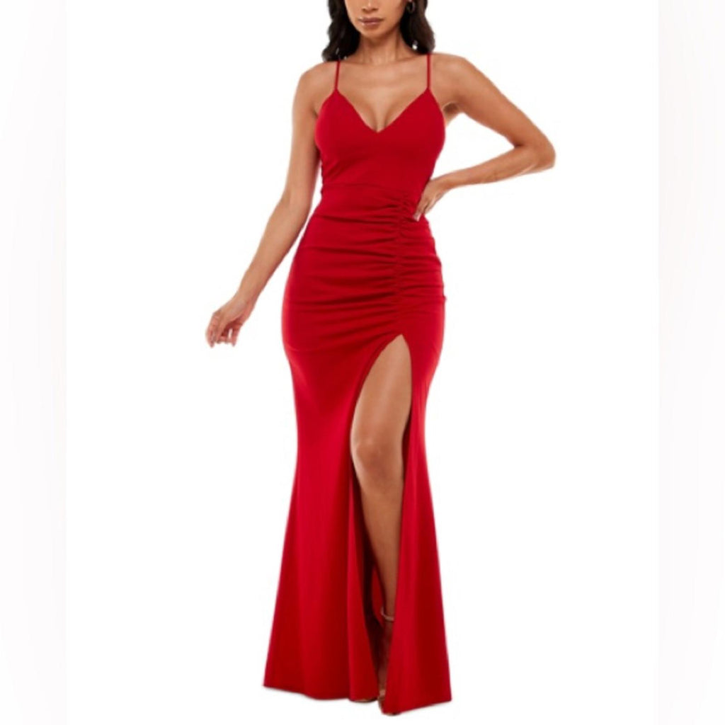 Emerald Sundae Ruched Side-Slit Slim Gown in Red, Size XS NEW w/Tag