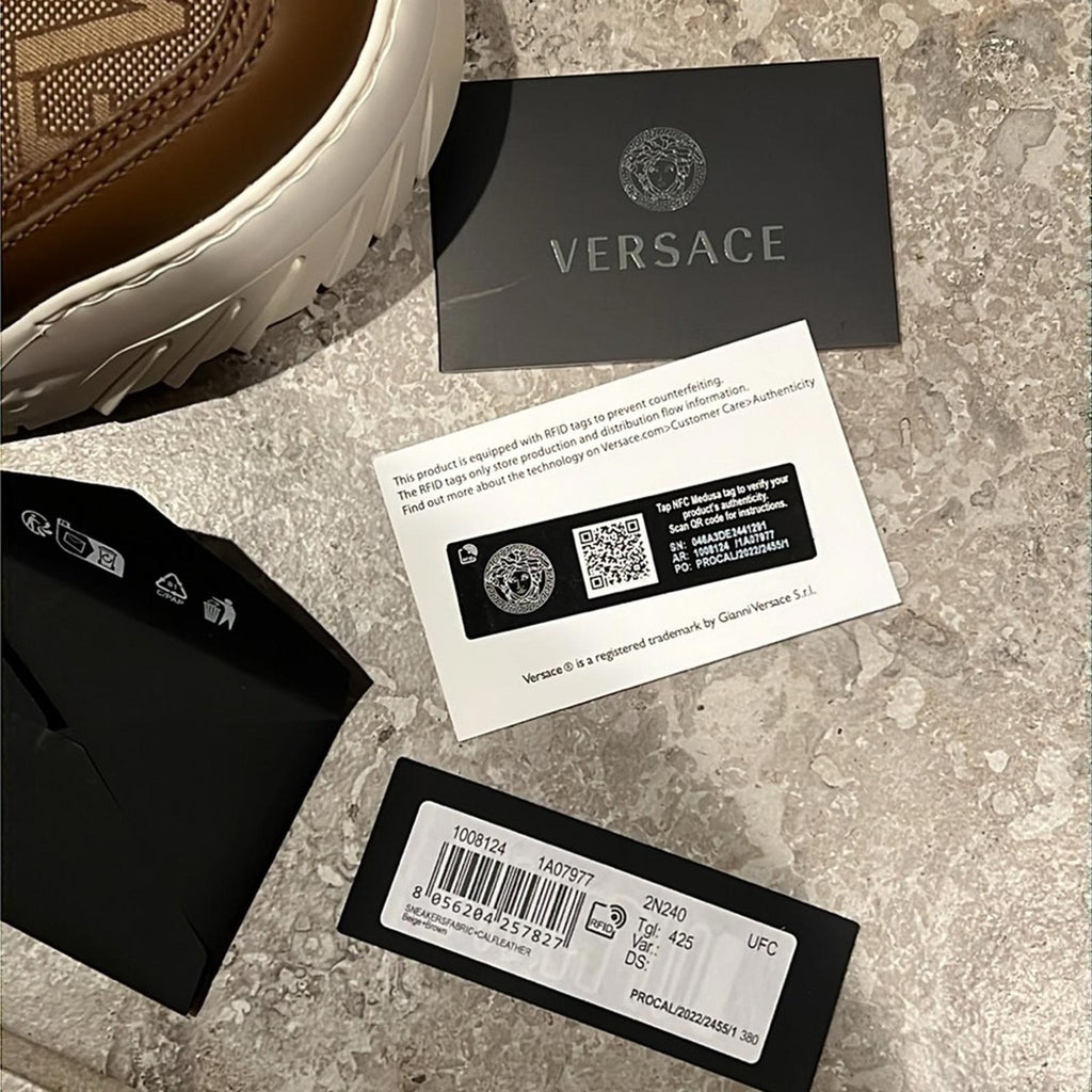Versace AllOver Logo Odissea Low-Top Men’s Sneakers, Beige/Brown, NEW, Size 42.5