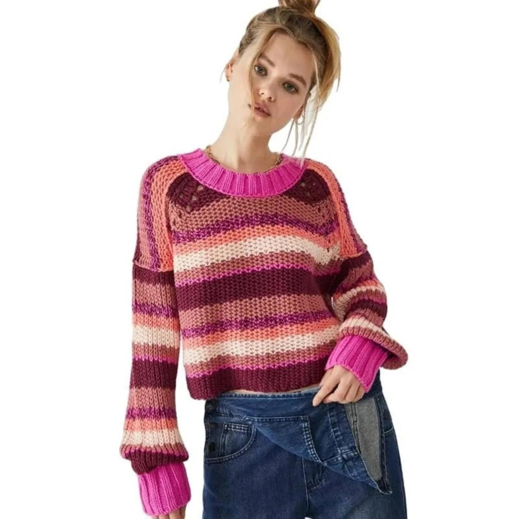 Free People Revolve* Devon Sweater, Fuchsia Rose Combo,  Size L New w/Tag