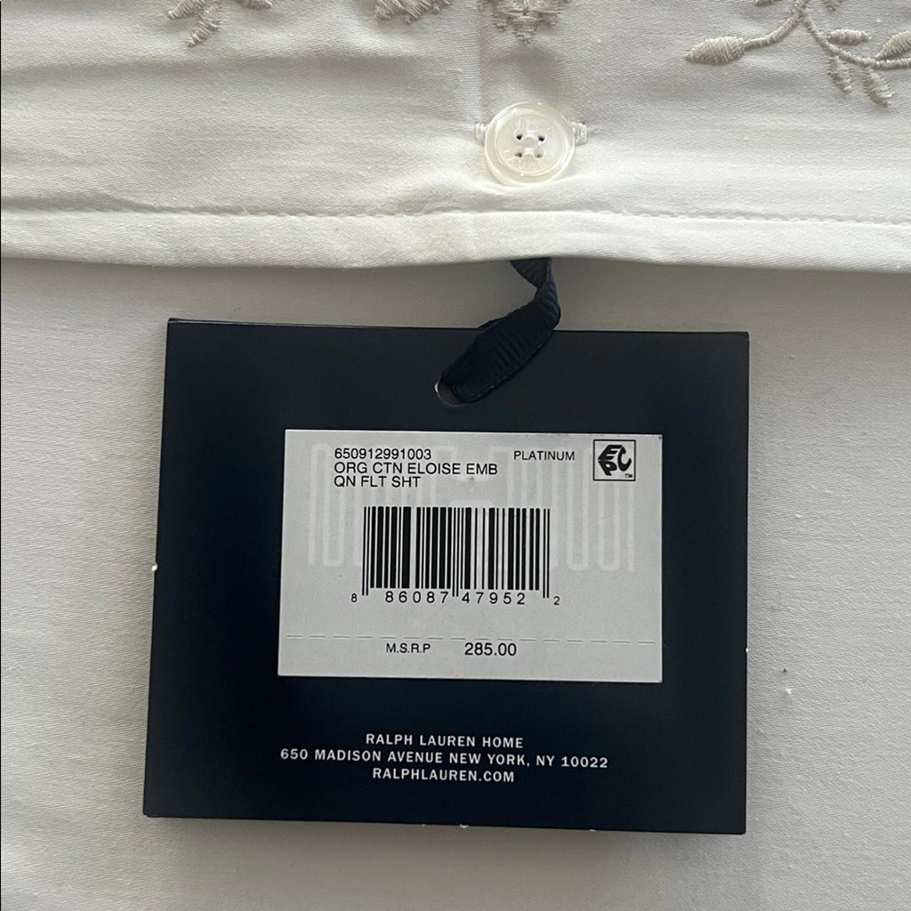 Ralph Lauren Organic Cotton Eloise Embroidery Queen Flat Sheet, Platinum, NEW