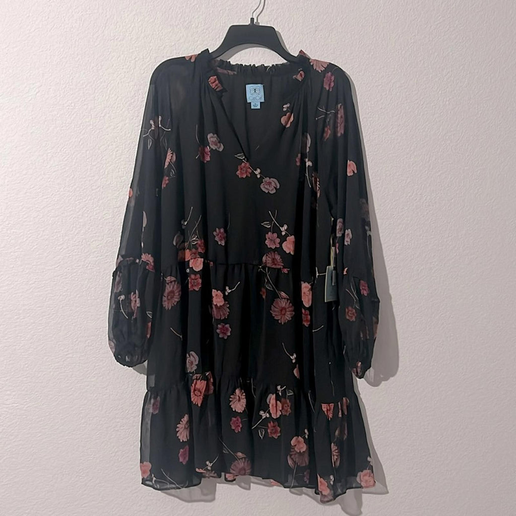 CeCe Floral Babydoll Dress in Rich Black, NWT, Size XL