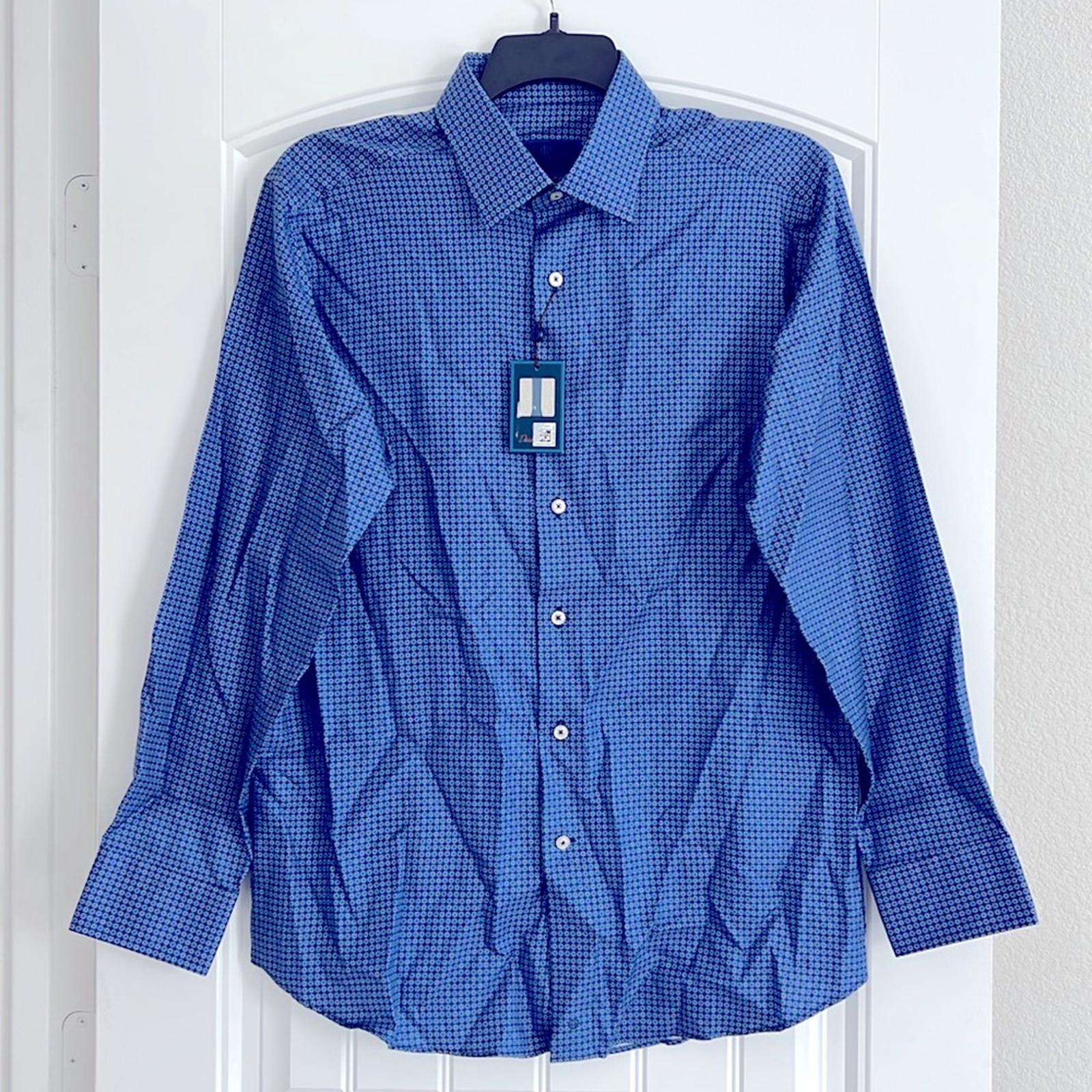 NEW David Donahue Geometric Floral Print Dress Shirt in Navy, Size 17 (34/35)