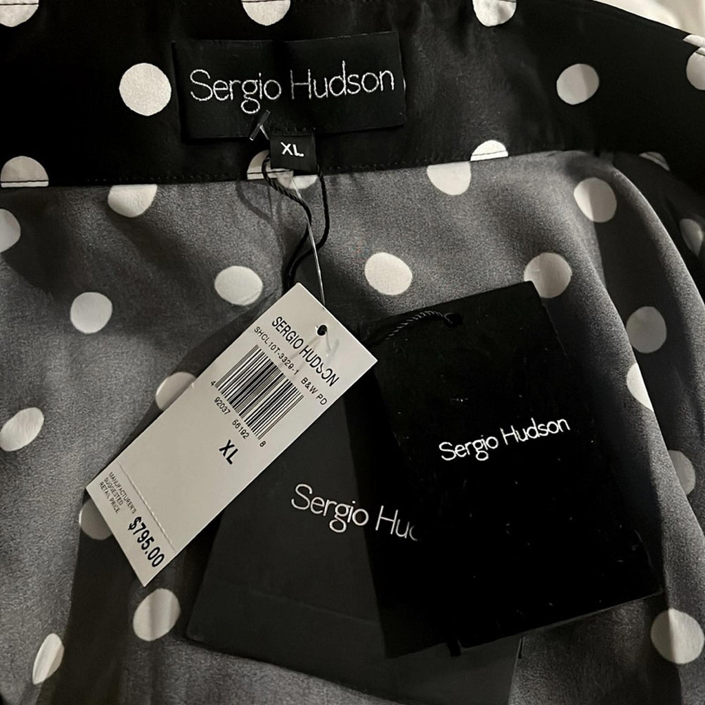 Sergio Hudson Polka Dot Silk Charmeuse Button-Up Blouse, Black/White XL NWT $795