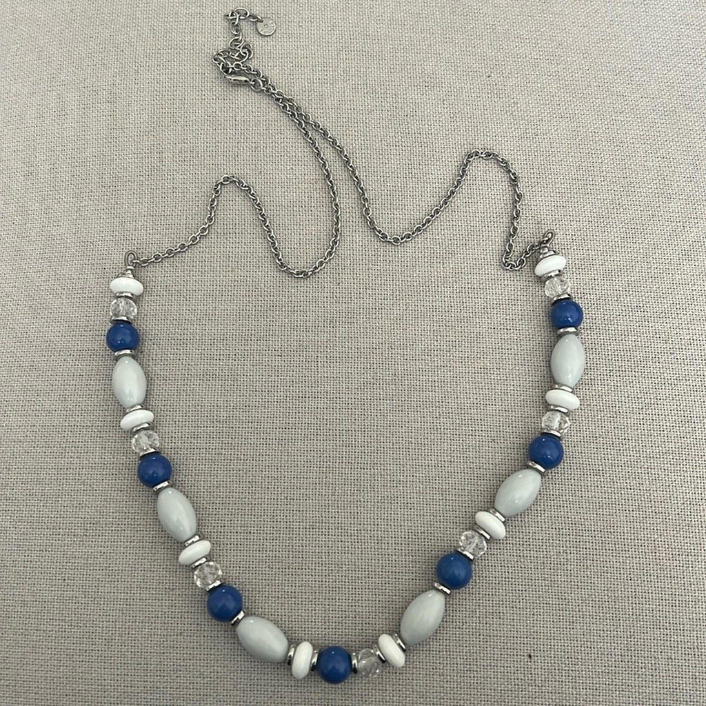 Talbots Silver-Tone Beaded Necklace in Blue, White