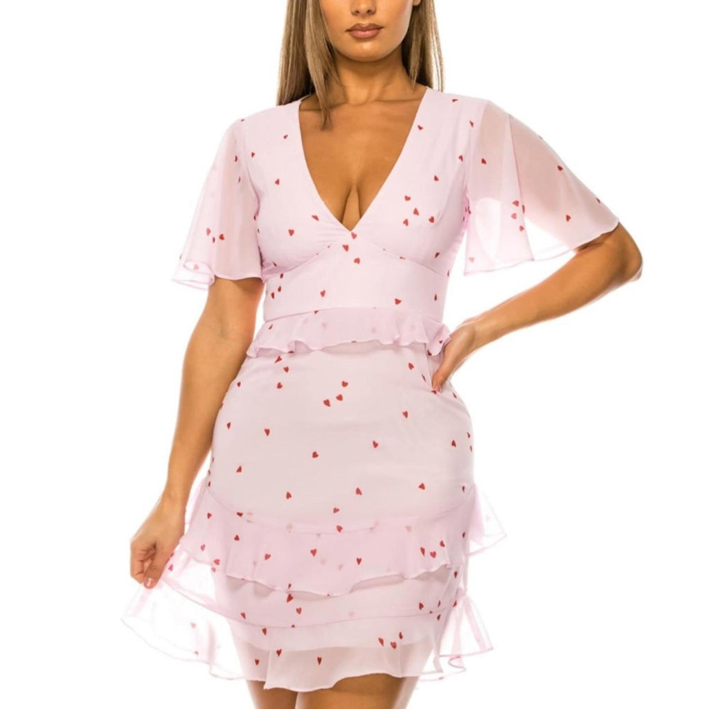 B Darlin Ruffled Flutter Sleeve V-Neck Mini Dress, Day Pink Jr Size 9/10 NWT