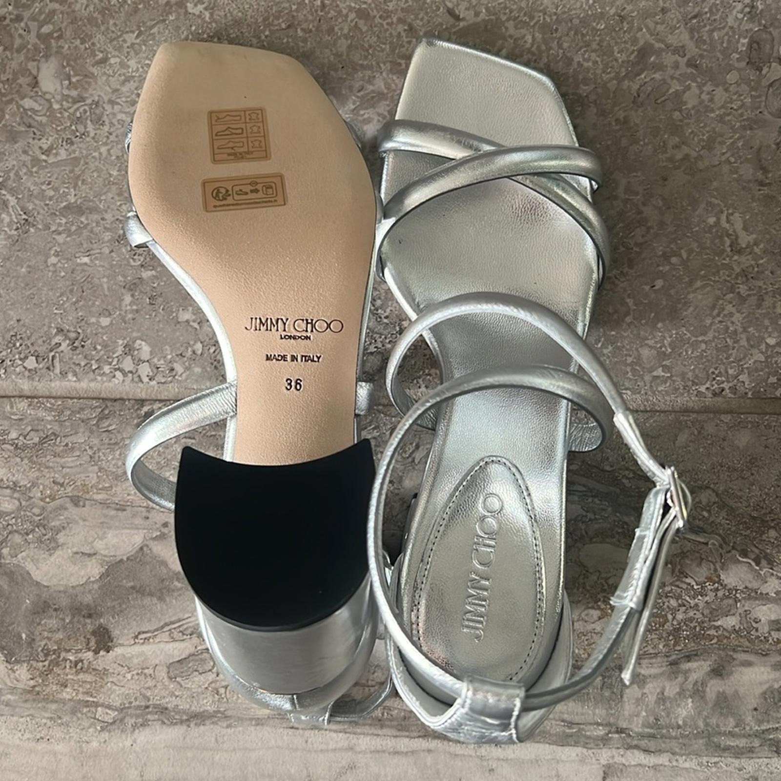 Jimmy Choo Rheea 65 Block Heel Sandals in Silver, Size 36 New in Box w/DustBag