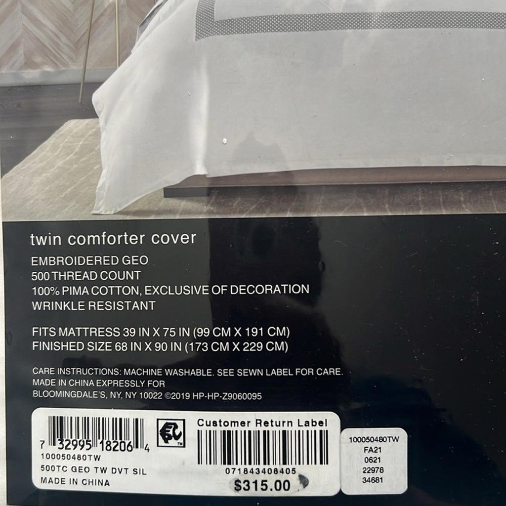 Hudson Park Collection Silver 500TC Embroidered Geo Duvet Cover, Twin NEW in Box