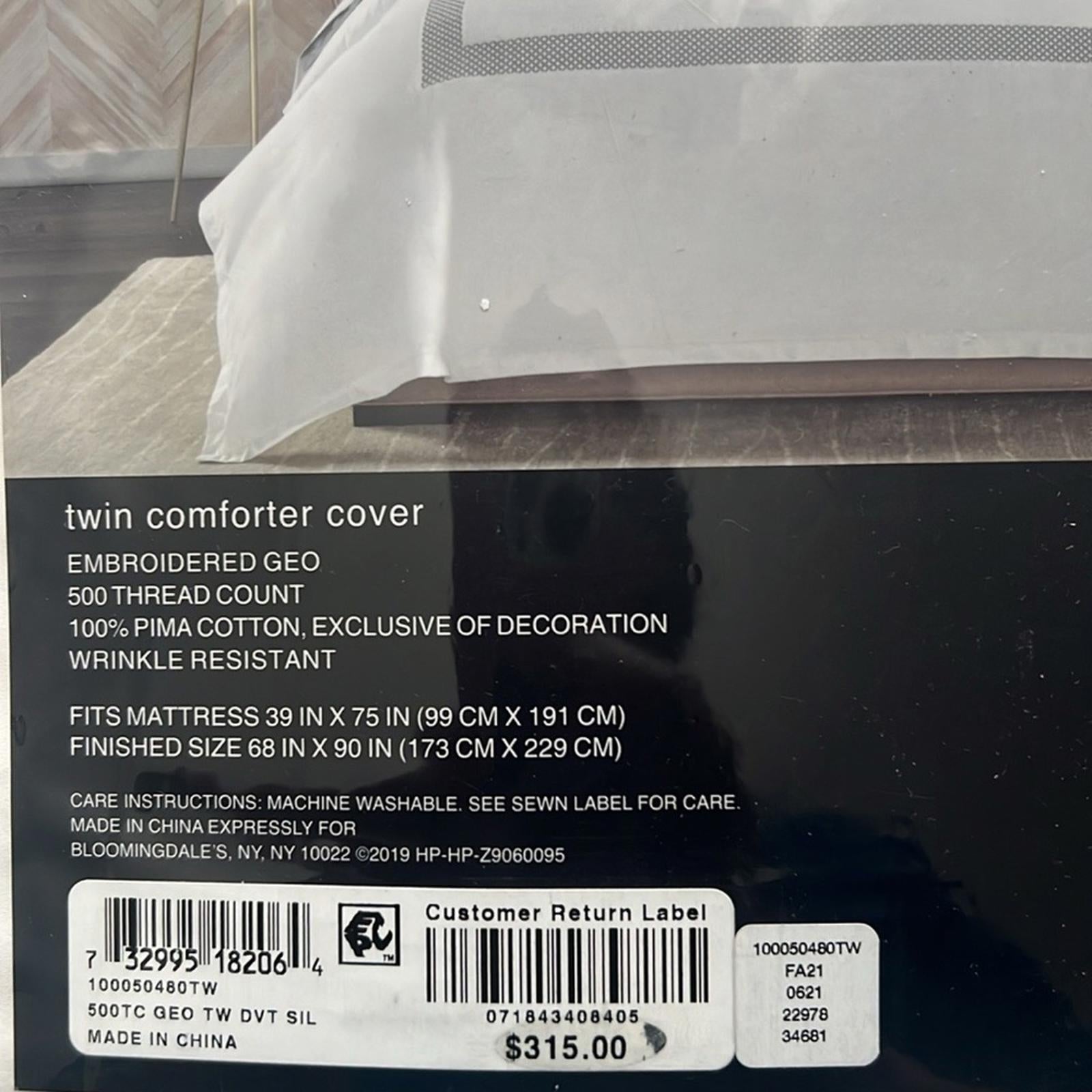 Hudson Park Collection Silver 500TC Embroidered Geo Duvet Cover, Twin NEW in Box