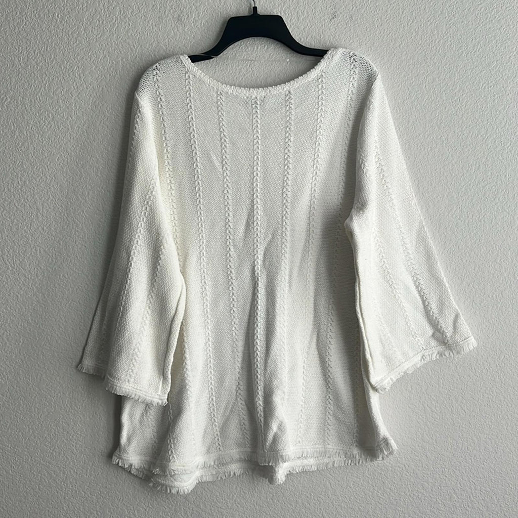 Chico's Crew Neck Fringe Hem Sweater V-Neck in Alabaster/White, NWT, Size 4/XXL